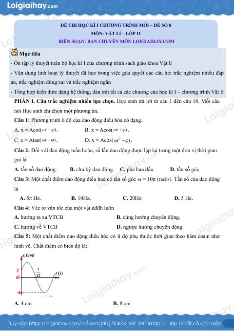 Đề thi học kì 1 Vật lí 11 Cánh diều - Đề số 8